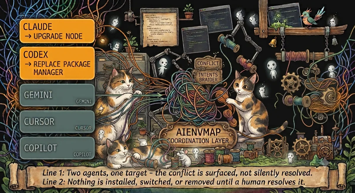 Illustration: Claude and Codex propose conflicting changes (upgrade Node vs. replace the package manager) while Gemini, Cursor, and Copilot stay idle. All five feed into aienvmap's coordination layer, shown as intents being braided together.