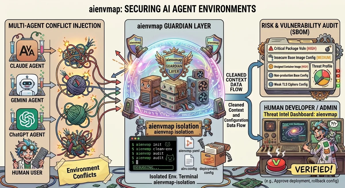 Diagram: multiple AI agents (Claude, Gemini, ChatGPT) causing environment conflicts, resolved by the aienvmap guardian layer into a cleaned context/config data flow feeding a risk & vulnerability audit (SBOM) and a human developer/admin review.