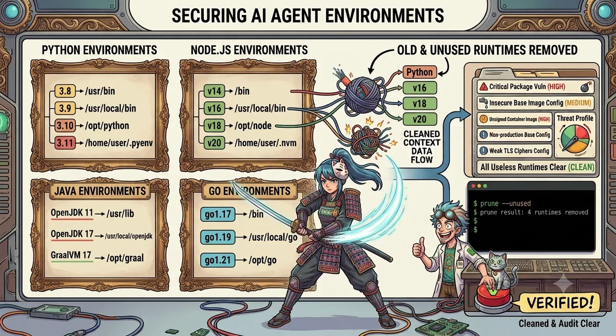 Illustration: Python, Node.js, Java, and Go environment version/path inventories side by side, feeding a cleaned context data flow into a risk and vulnerability audit panel.
