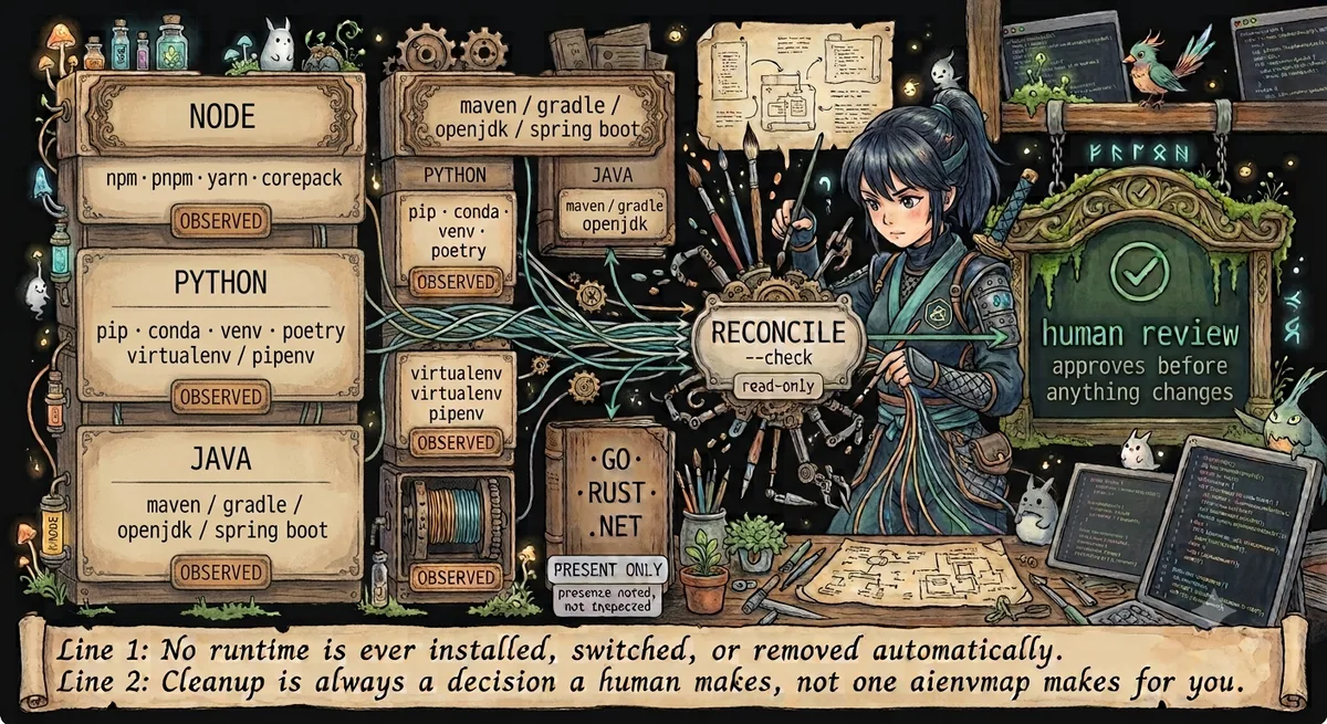 Illustration: a workshop scene showing Node, Python, and Java installations observed as read-only evidence, and Go/Rust/.NET presence noted but not inspected. Everything flows into reconcile --check, then to a human review step. No runtime is installed, switched, or removed automatically.